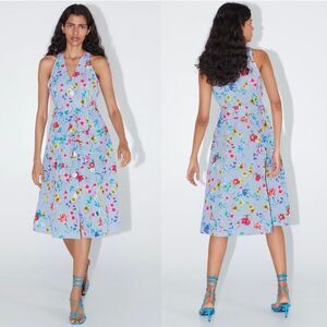 Zara NWT floral v neck, a line dress with tie wrap and pockets size small